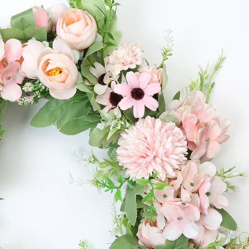 décoration murale couronne florale artificielle rose clair blanc vert rustique