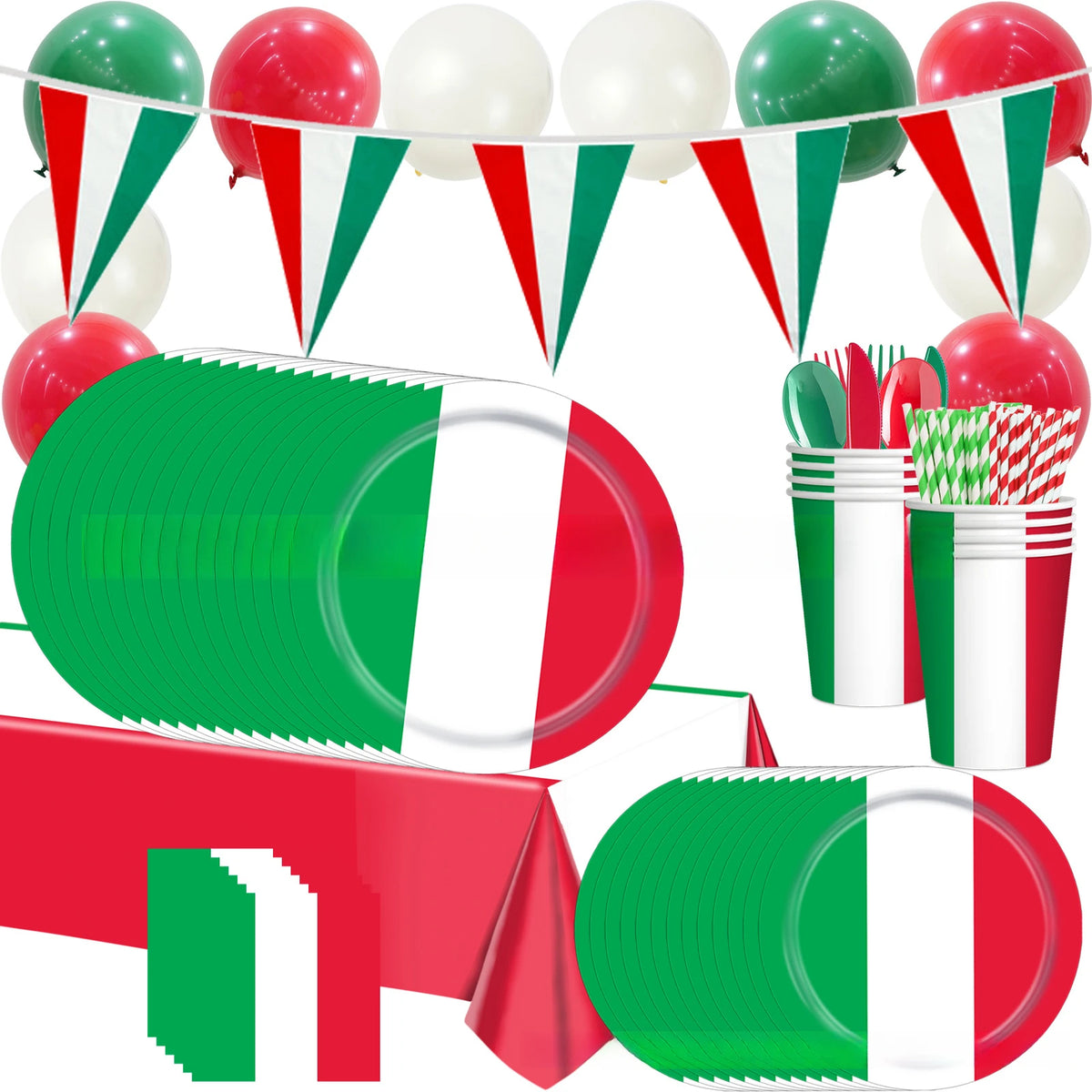 vaisselle jetable assiettes rondes serviettes gobelets vert blanc rouge rayures festives anniversaire mariage noël