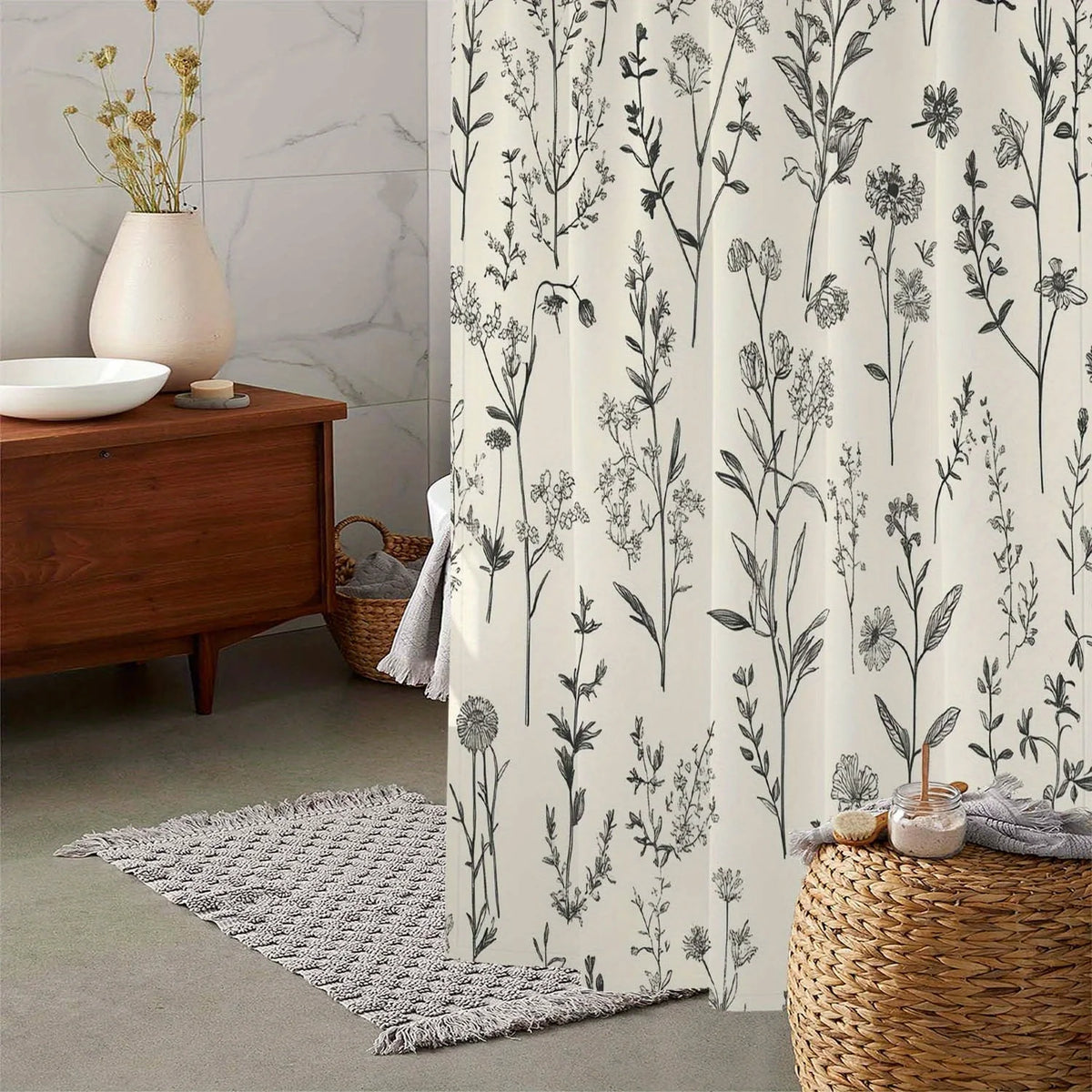rideau douche botanique vintage motif floral gris noir tissu polyester respectueux environnement