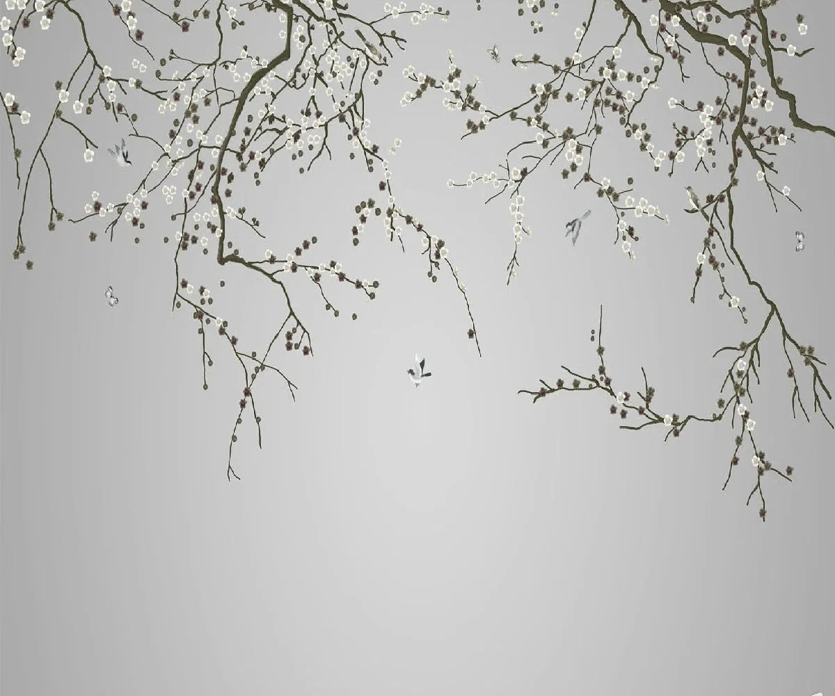 papier peint moderne plante branches fleurs salon chambre soie naturelle respectueux environnement