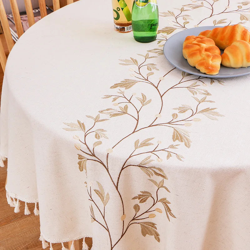 nappe table lin broderie végétale feuilles branches tassellettes classique beigeclair réutilisable machineextérieurhôtelmarriages