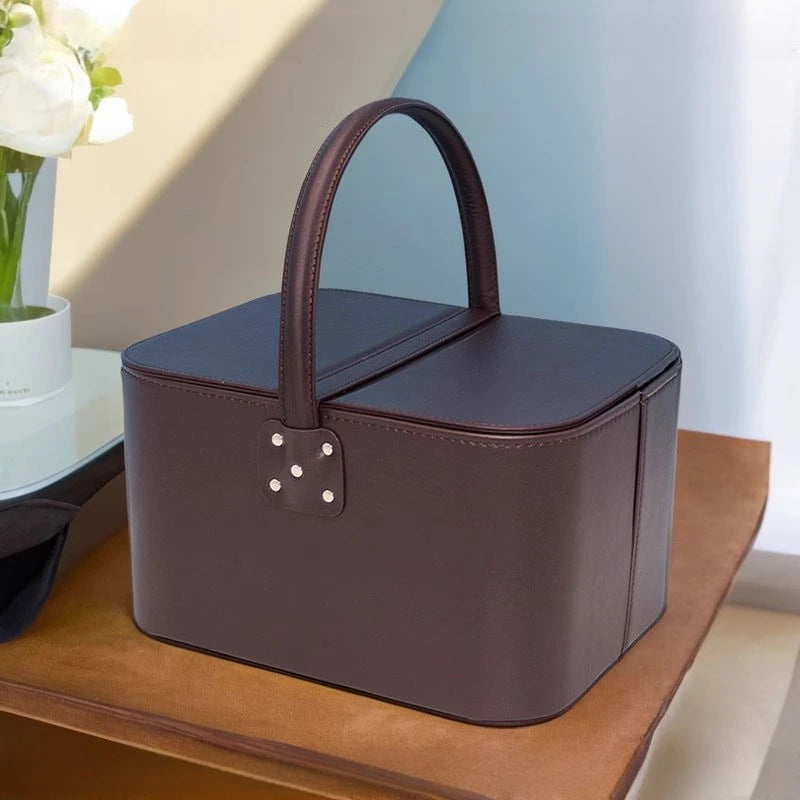 boîte maquillage simili cuir rouge marron noir bleu classique poignée portable organisateur utilitaire