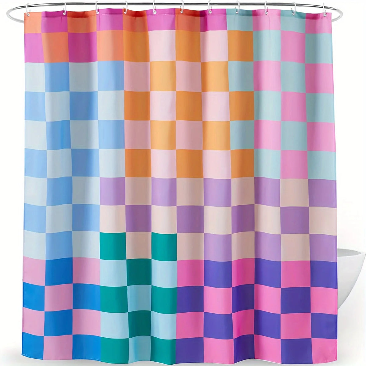 rideau douche moderne carreaux géométriques bleu rose orange violet vert opaques anneaux métalliques