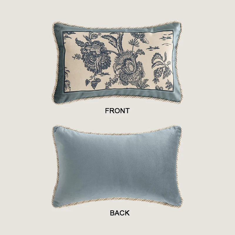 coussin vintage motif traditionnel beige bleu oiseaux fleurs structure respectueux environnement polyester doux 30x50cm