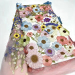 tissu brocart fleurs reliefs multicolore rose bleu vert jaune blanc biodegradable longueur 150cm echangable