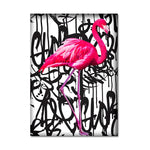 tableau abstrait flamant rose calligraphies noires deco moderne oiseau animal compagnie toile sans cadre