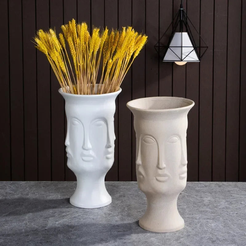 Vase céramique moderne vase table blanc visage sculpté lèvres sculptées art déco