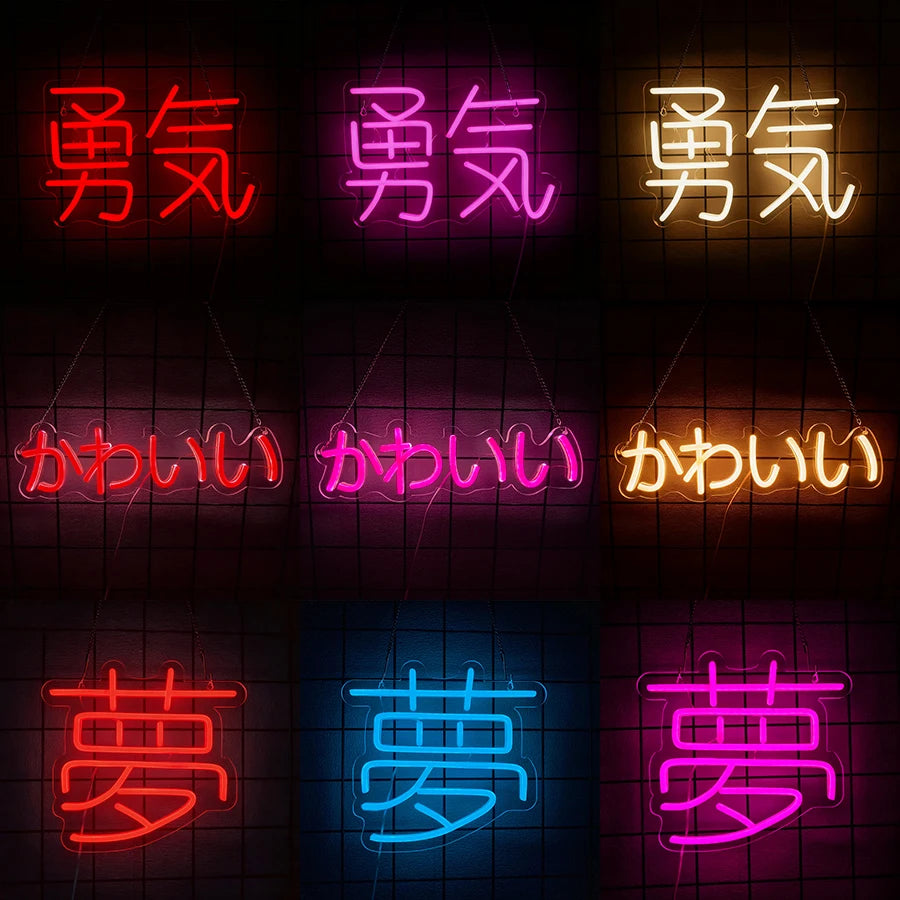 néons lumineux japonais vintage couleurs vives caractères stylisés décoration murale câble usb vis crochets