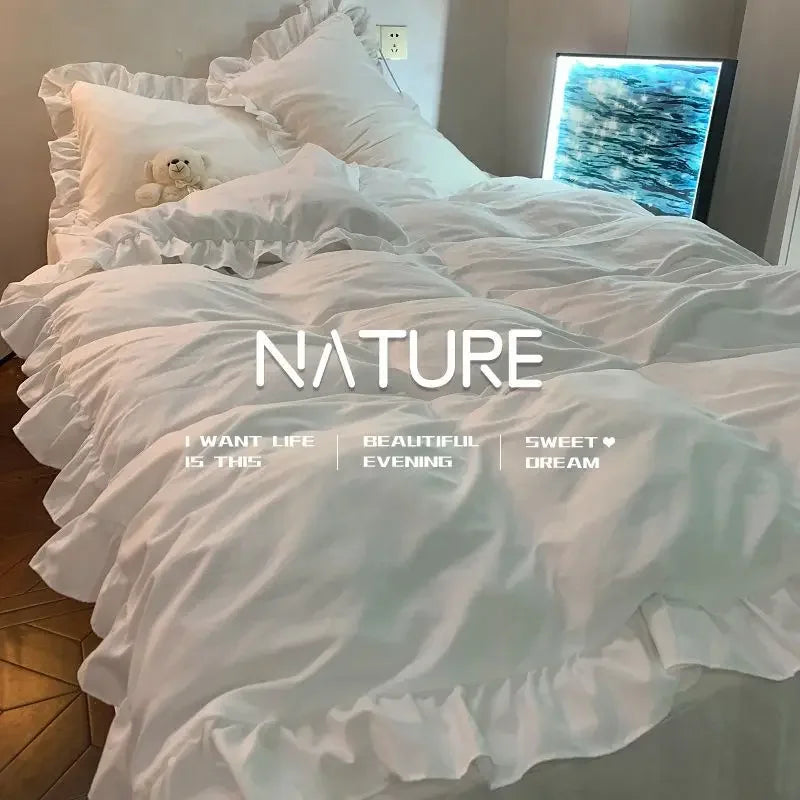 ensemble literie princesse housse couette dentelle volants fleurs blanc bleu violet chambre fille