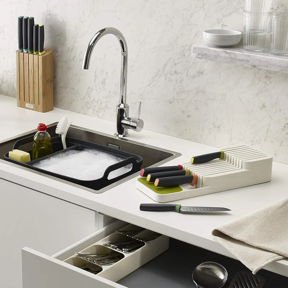 rangement couteaux gris bloc vertical moderne tiroir cuisine organizer porte six