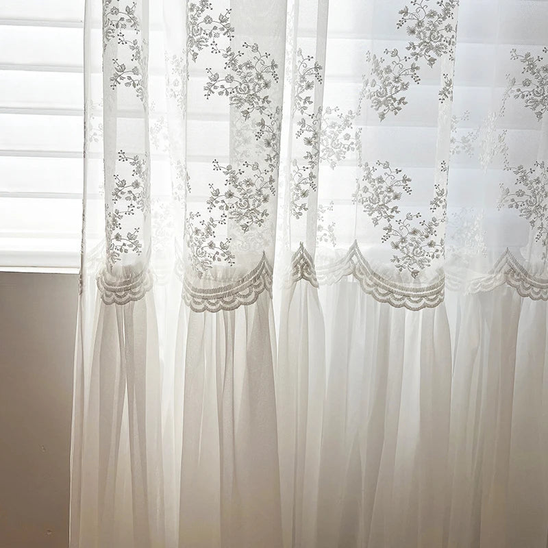 rideau blanc classique broderie florale transparente gaze légère fenêtre salon chambre luxe