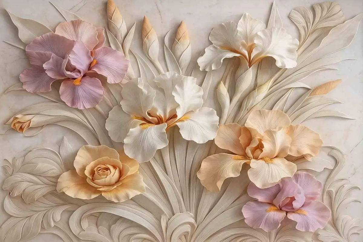 papier peint mural fleurs relief floral beige classique adhésif chambre salon decoration moderne
