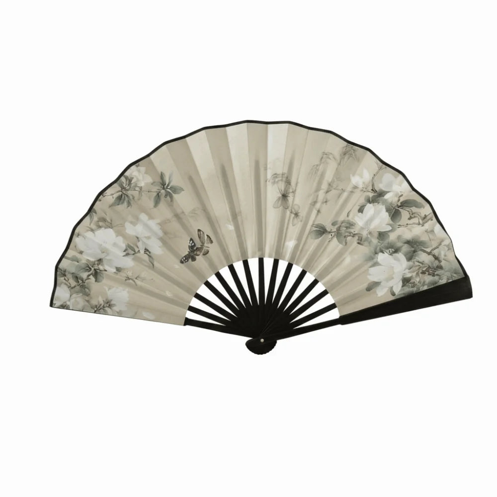 éventails pliants traditionnels chinois fleurs papillons calligraphie paysages noir blanc bleu gris rose support