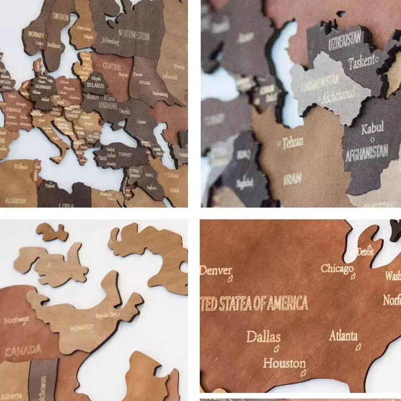 autocollants bois carte monde abstraite géographique marron clair continents pays villes bateau avion arctique