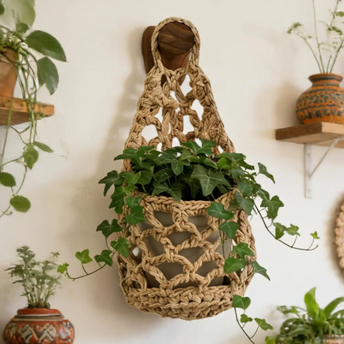 panier suspendu boho panier crocheté motifs géométriques plante intérieur décoration chambre salon