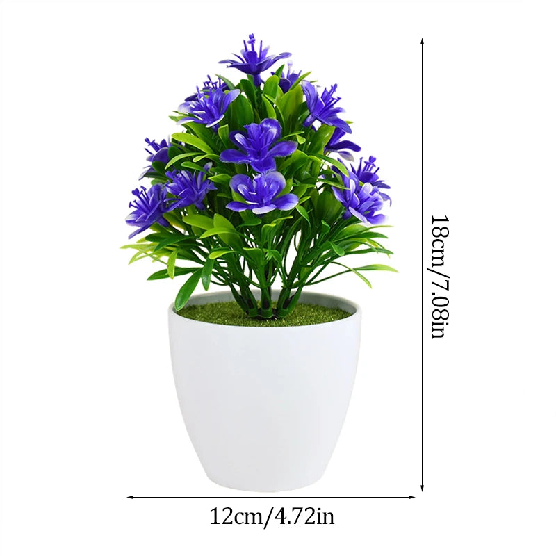 plantes artificielles bonsaï violettes rouges jaunes blanches pot blanc mousse verte décoration moderne extérieur