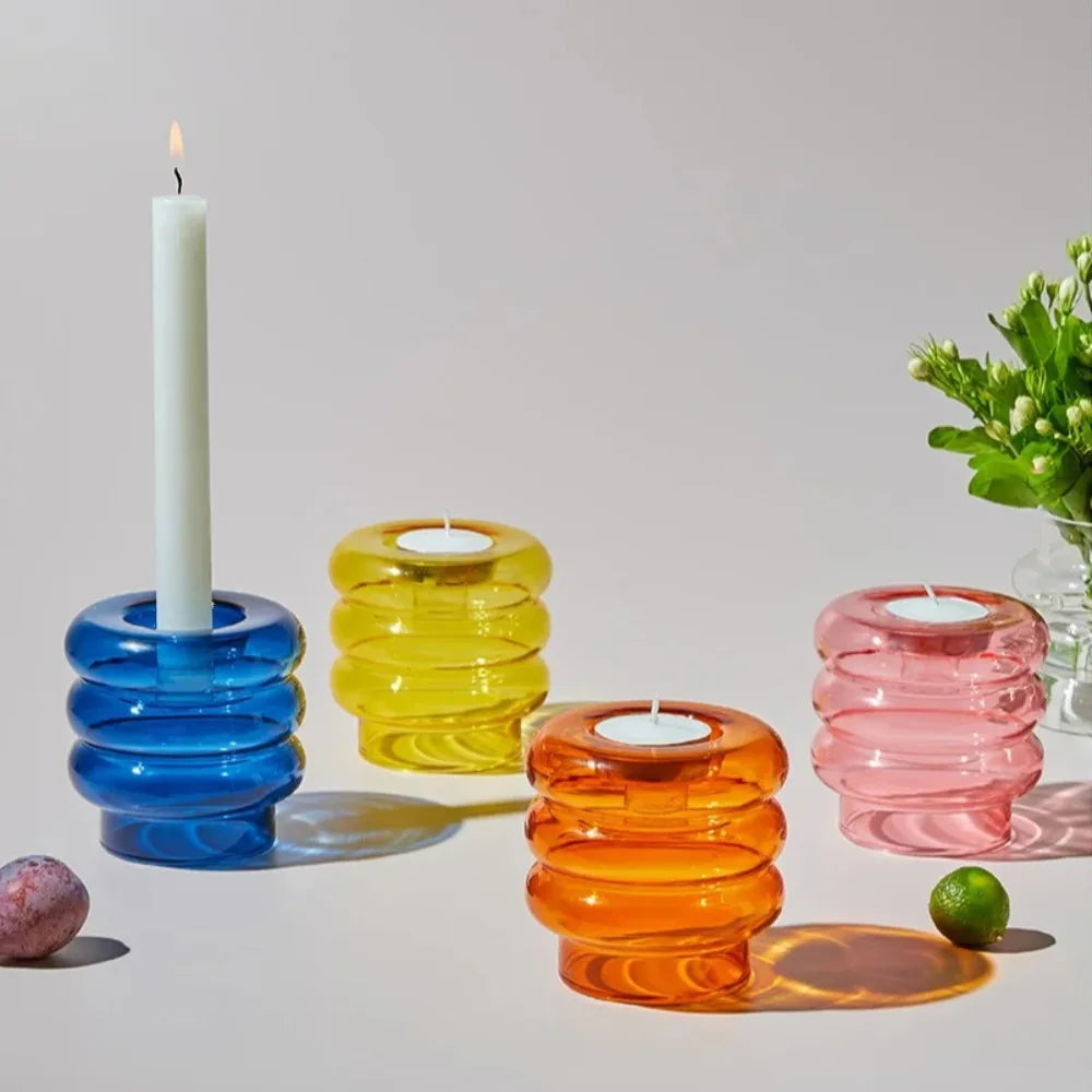 support bougie verre coloré moderne bleu orange jaune rose violet translucent maison restaurant fête