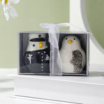 pots épices forme pingouins blanc noir jaune texture plumes décorative étoiles sapins mignon animalier