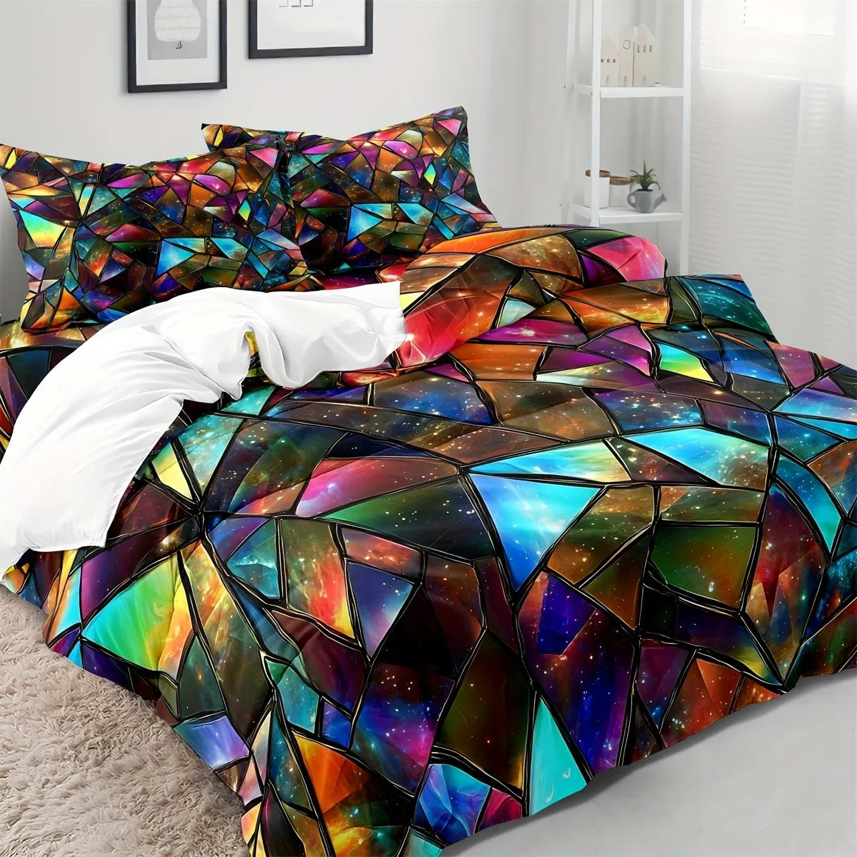 ensemble literie multicolore géométrique moderne housse couette taies d'oreiller brillantes effet galaxie double queen
