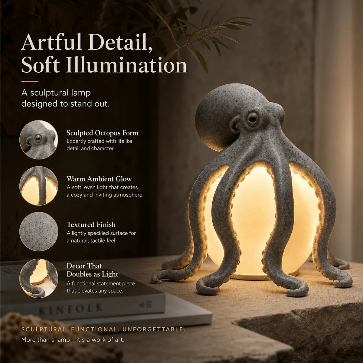 lampe table poulpe résine sculpturale led rechargeable usb gris noir blanc chambre