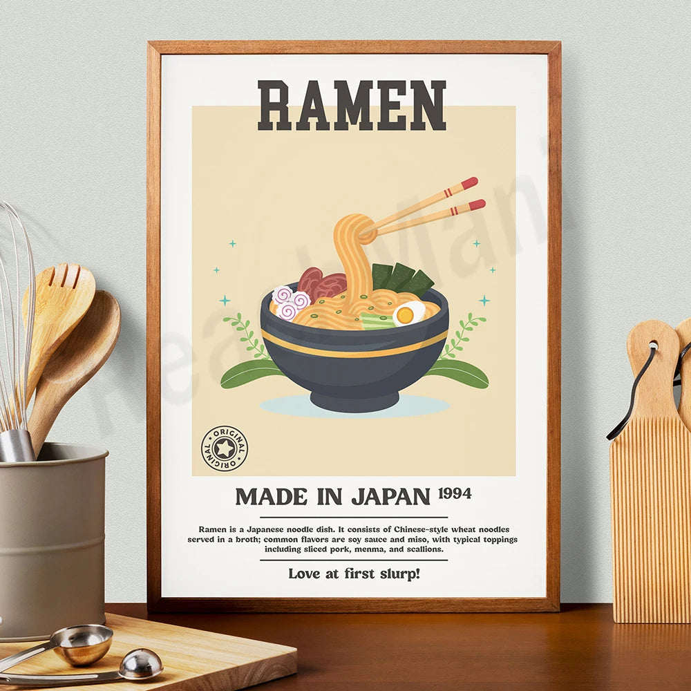 Une affiche vibrante d'un bol rempli de délicieuses nouilles ramen, mettant en valeur les saveurs et les traditions du Japon. Elle présente l'origine et les caractéristiques uniques de ce plat emblématique.
