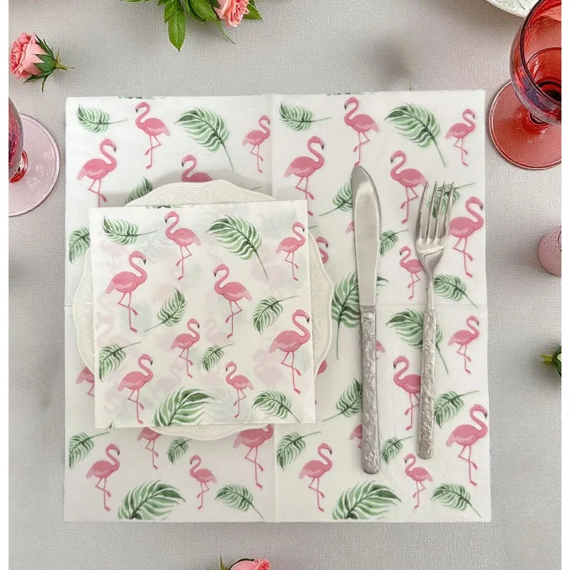 serviettes papier 33cm blanc rose vert motif flamants roses feuilles tropicales moderne 20 pièces