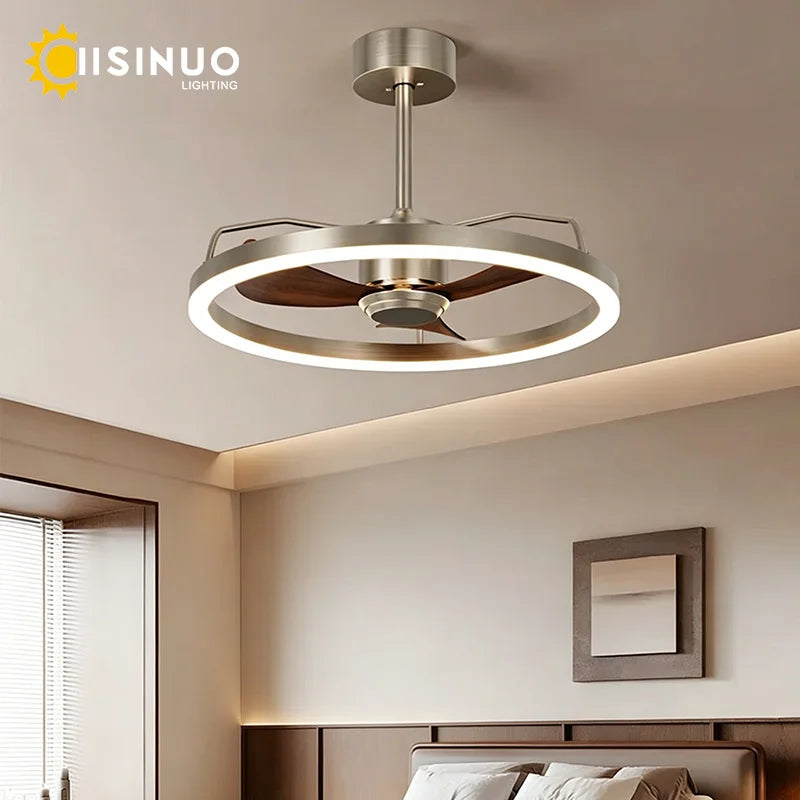 ventilateur lampe led moderne argenté bois foncé vitesses télécommande infinite dimming
