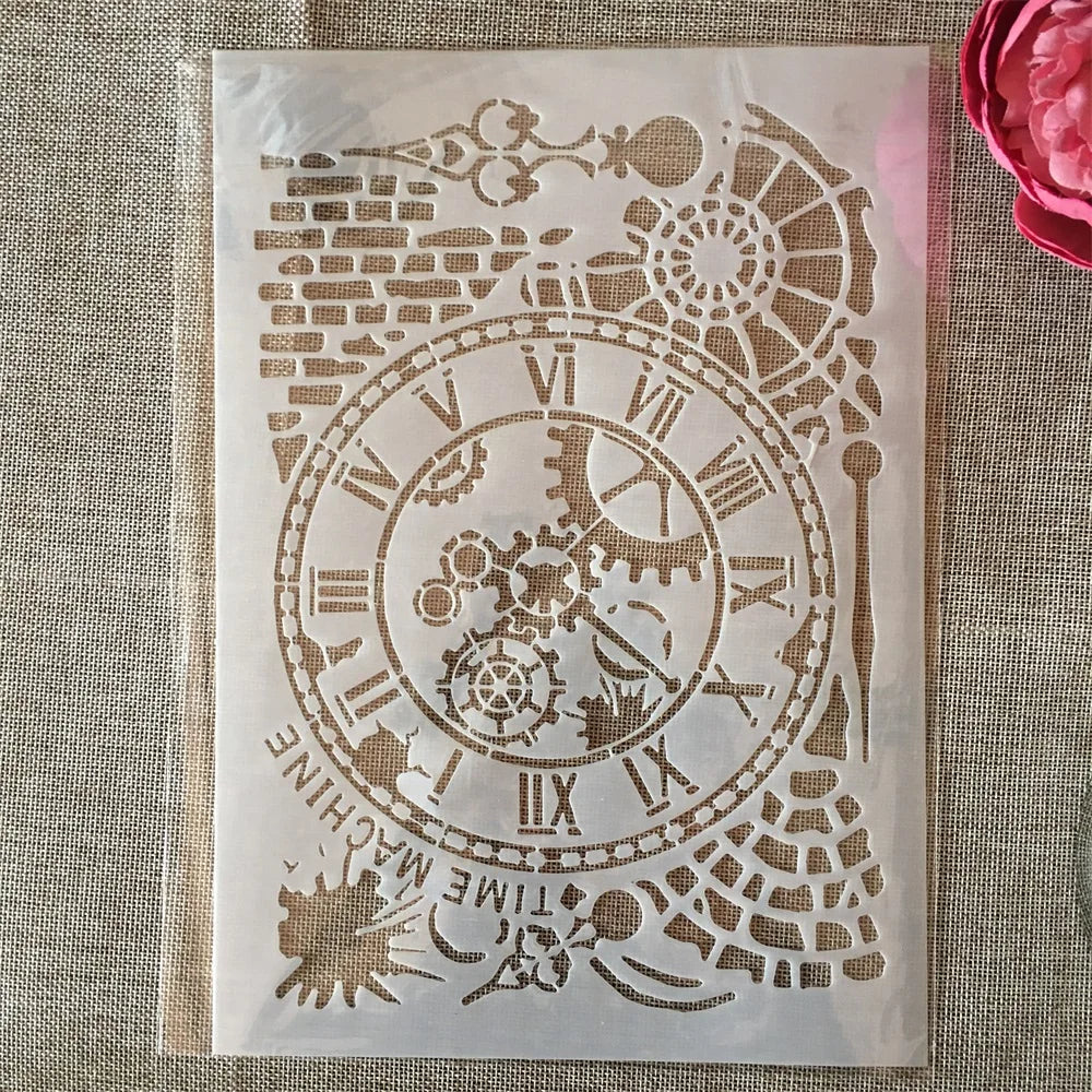 pochoirs transparents steampunk vintage horloge engrenages deco TIME MACHINE stencil blanc motifs abstraits