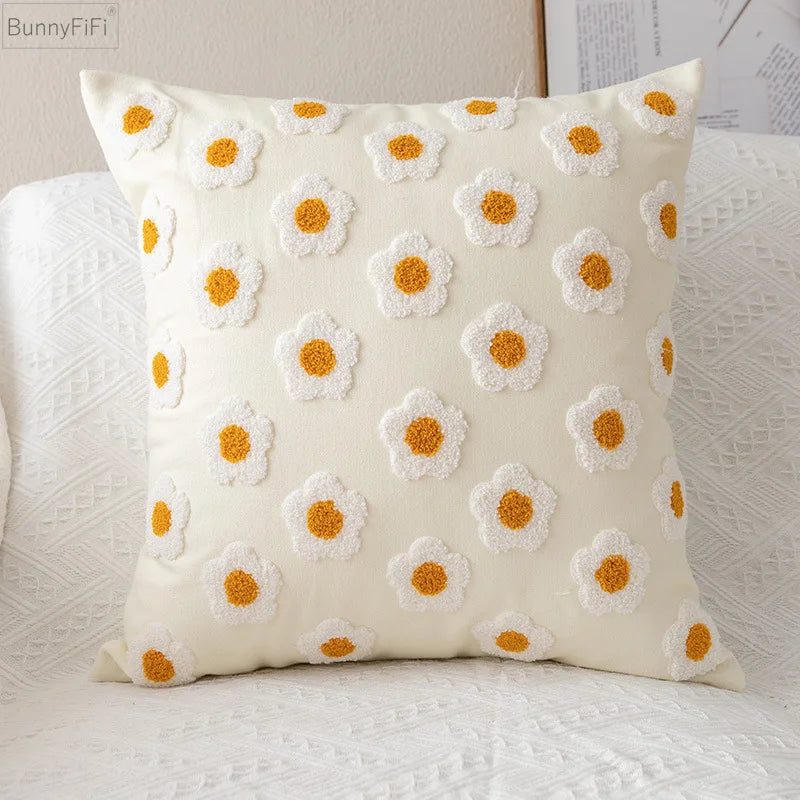 housse coussin brodée fleurs blanches jaunes coton polyester 30x50cm zip open décorative salon voiture