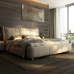lit double coffre intégré moderne minimaliste tissu mat bois texturé touches dorées pieds métal