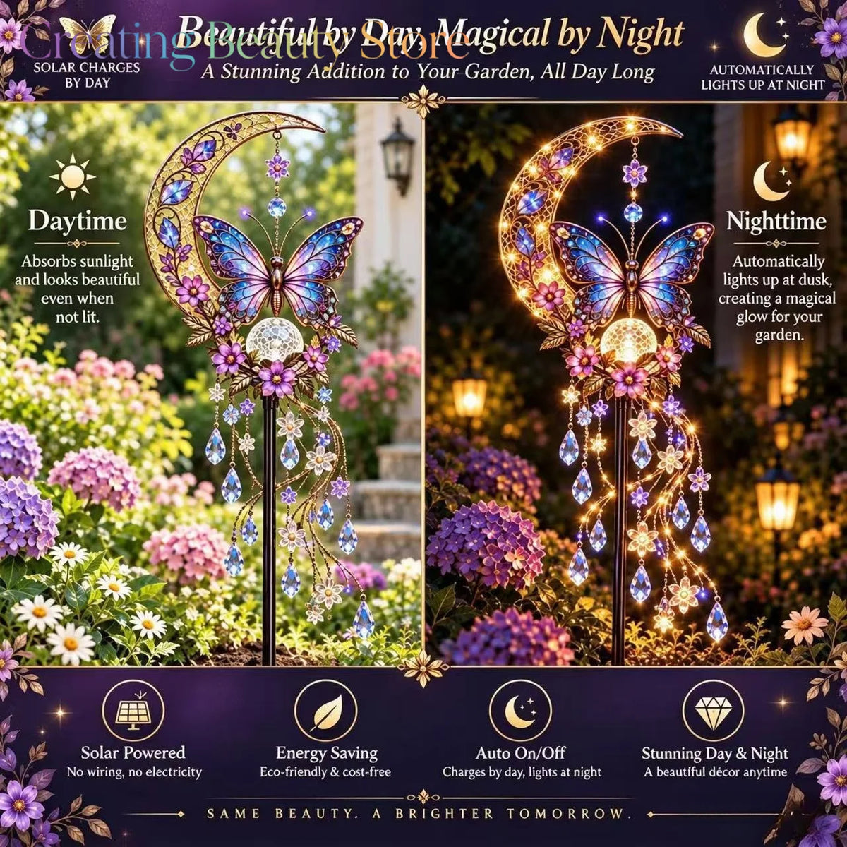 lampe solaire décorative ornement papillon lune cristaux transparents artisanal romantique noëlextérieur