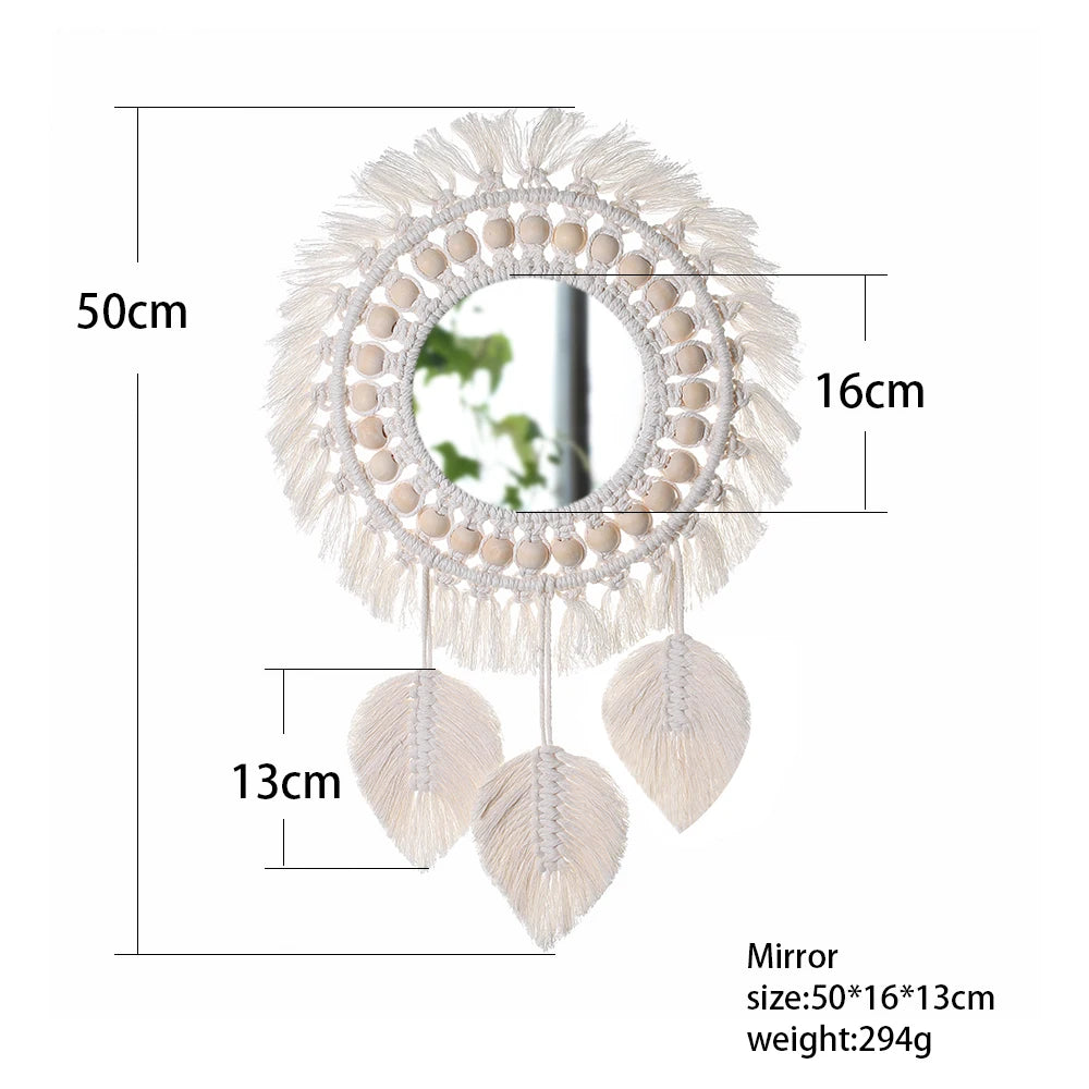miroir mural rond macramé boho décoration intérieure blanc artisanal salon chambre
