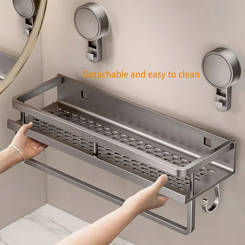 étagère salle bain argentée perforée moderne clips adhésifs crochets rechargeable murale aluminium