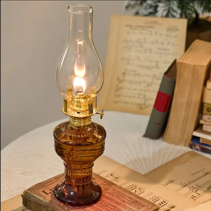 lampe huile verte verre transparent fleur gravée ancienne vintage coton cire aiguilles