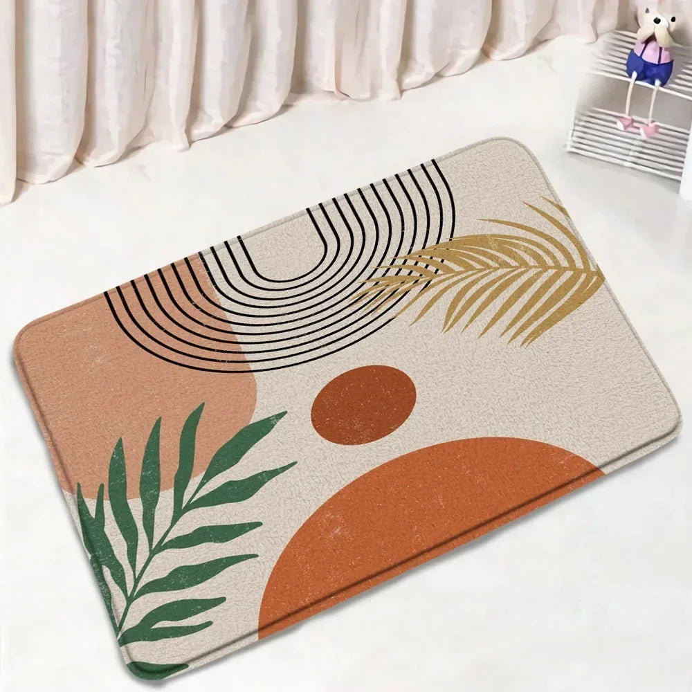 tapis bain ensemble moderne abstrait feuilles palmier couleur beige orange vert doré