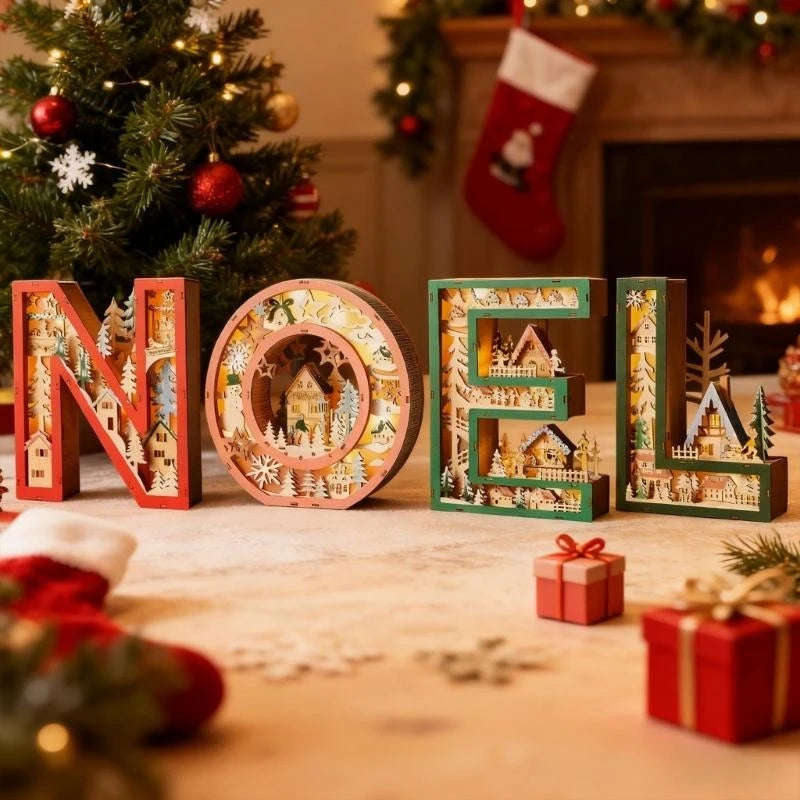 lettres décoratives noël rouge vert artisanal flocons neige manteau étagère affichage bois lumineux