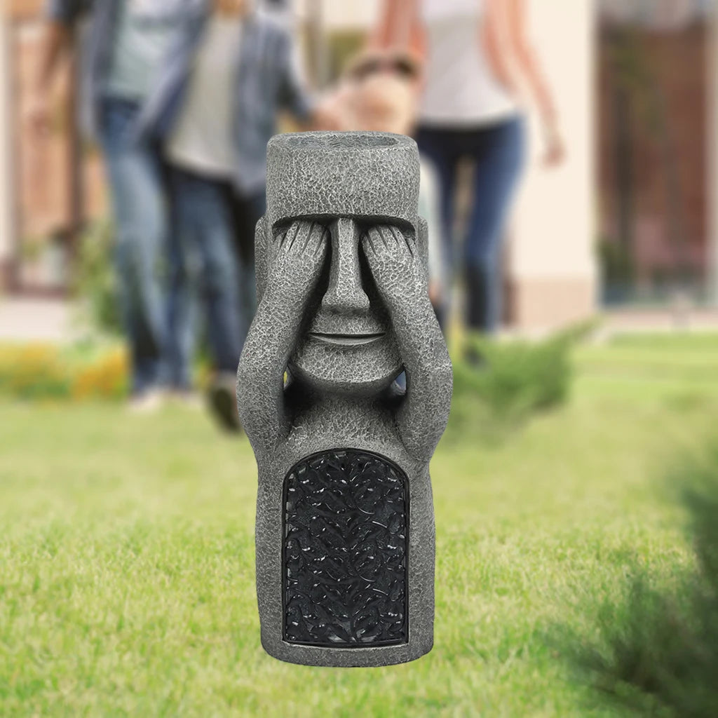 statues moai décoratives extérieures pots fleurs texture pierre motif floral gris noir