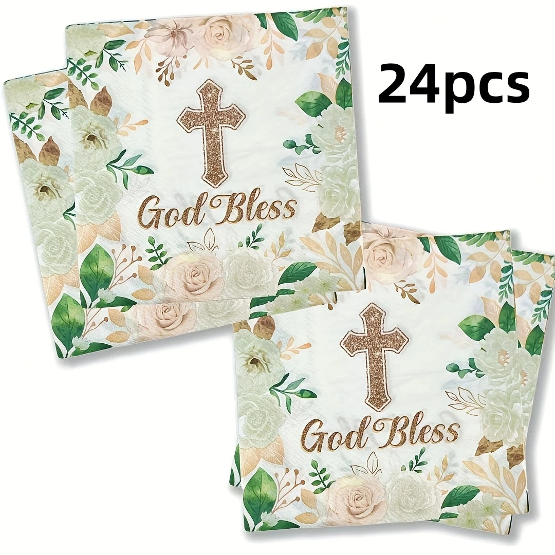serviettes papier motif fleurs feuilles croix dorée God Bless blanc vert beige célébration événement