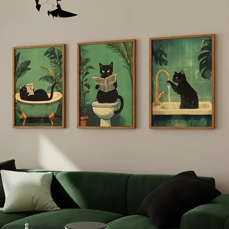 toile d'art moderne chats illustration verte noir salle bain décoration intérieure sans cadre setSize
