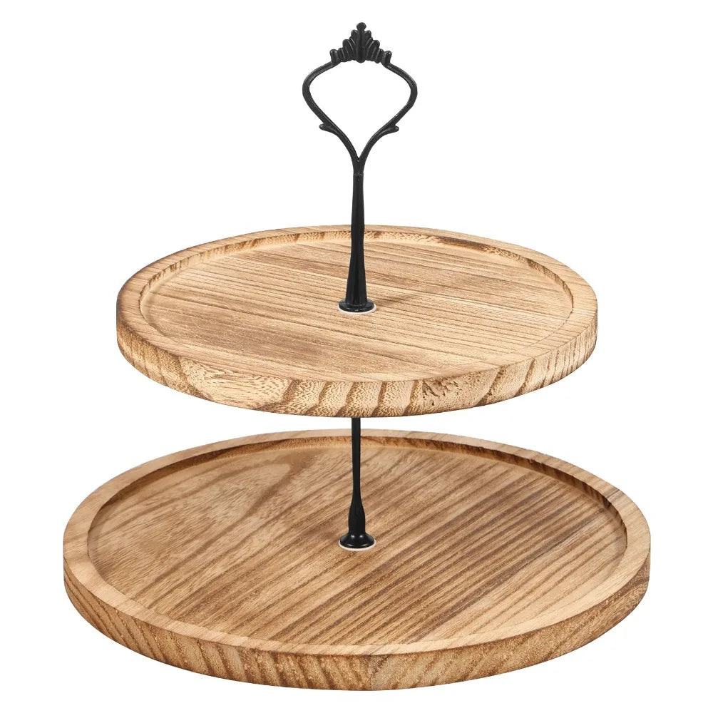 présentoir gâteaux trois étages texture bois rustique gris brun marron fixations métal vintage pain