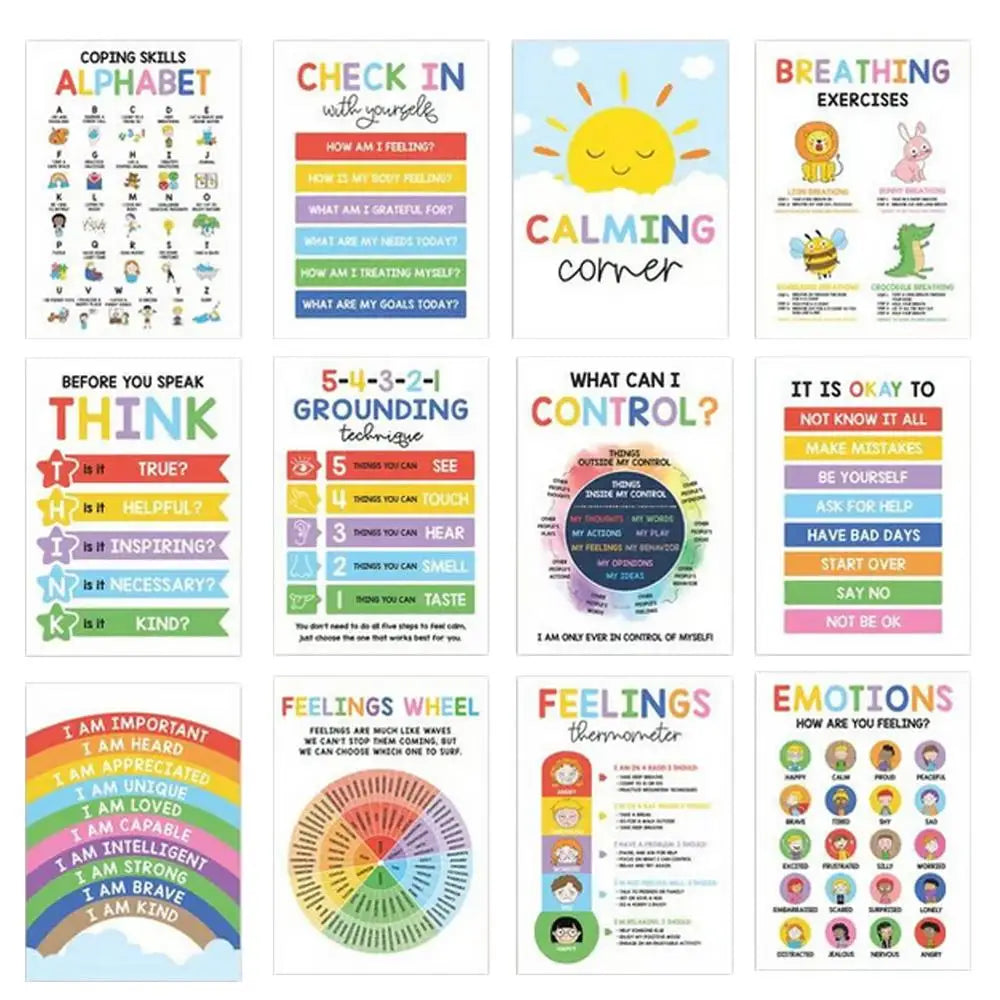 affiches pédagogiques multicolores graphiques adhésives émotions classes enfants 25x35cm 12 pièces éducatives illustrations variées