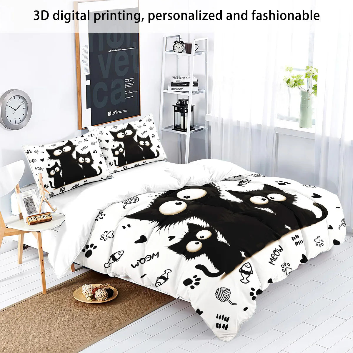ensemble literie chatons noirs blanc noir poissons coeurs moderne pièces polyester machine