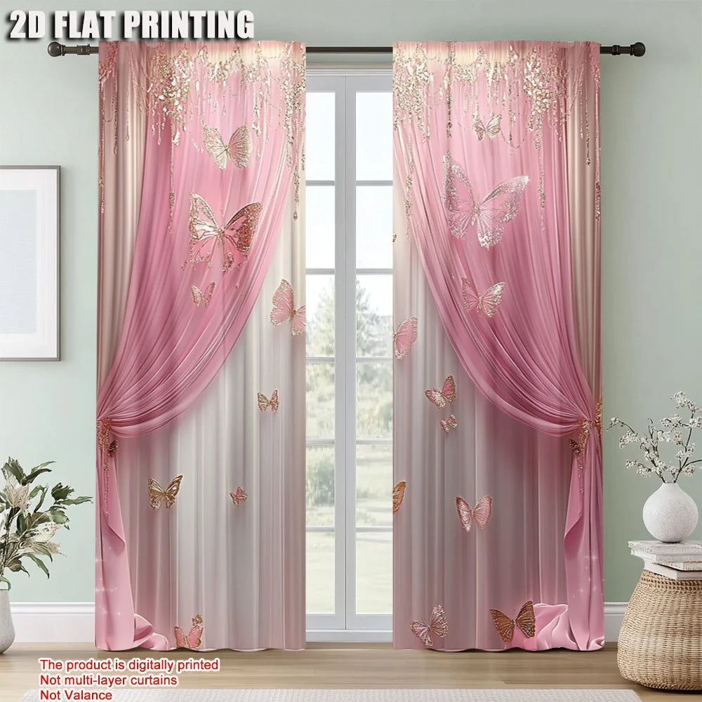 rideaux fenêtre deux panneaux rose papillons semi transparent métalliques chambre salon