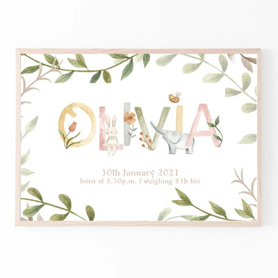 Affiche personnalisée bébé avec nom et date de naissance sur toile blanche