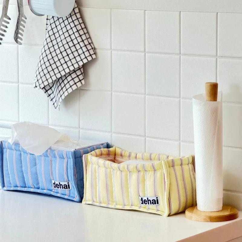 boîte rangement mouchoirs bleu clair rayures horizontales réutilisable respectueuse environnement moderne pratique