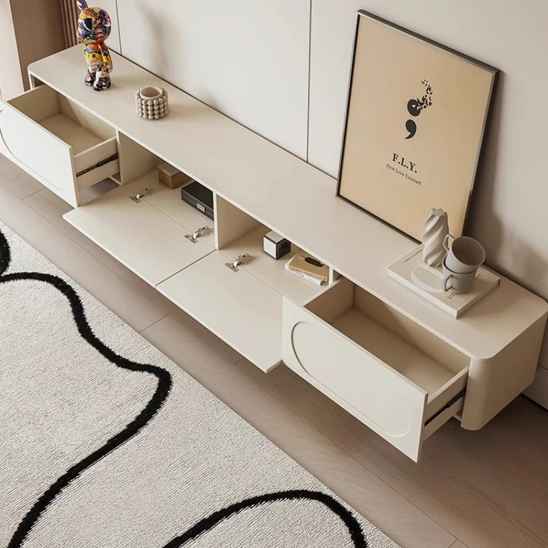 meuble tv moderne bois simple salon étagère blanche accessoires deco table basse minimaliste