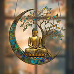 décoration suspendue bouddha or bronze bleu vert zen vitrail feuilles croissant lune chambre