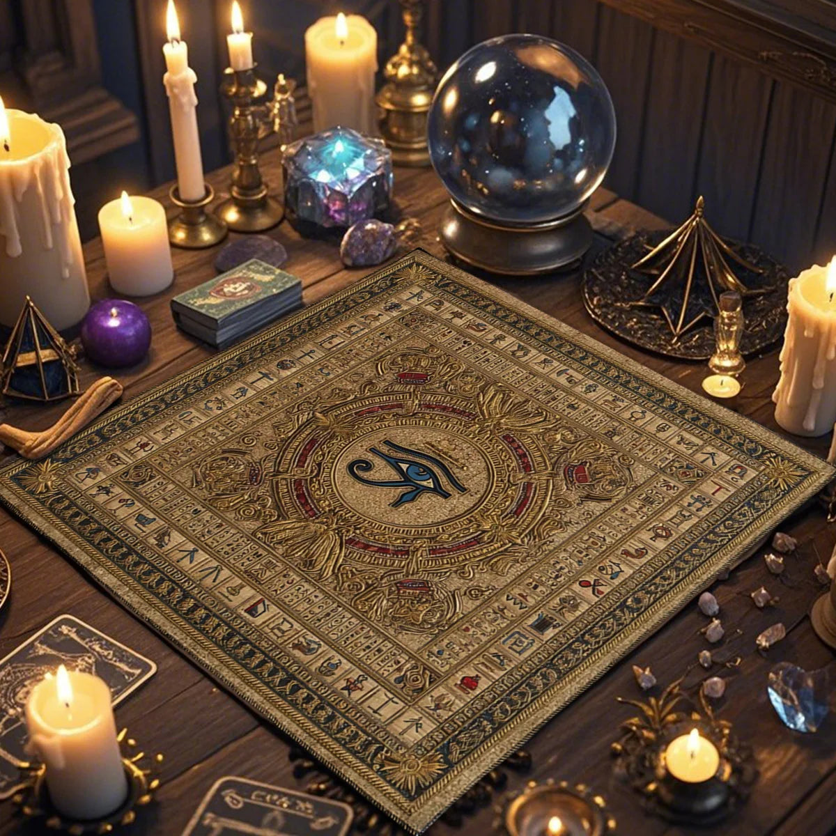tapis égyptien ancien motifs hiéroglyphes or rouge usage extérieur intérieurDecorationRituel