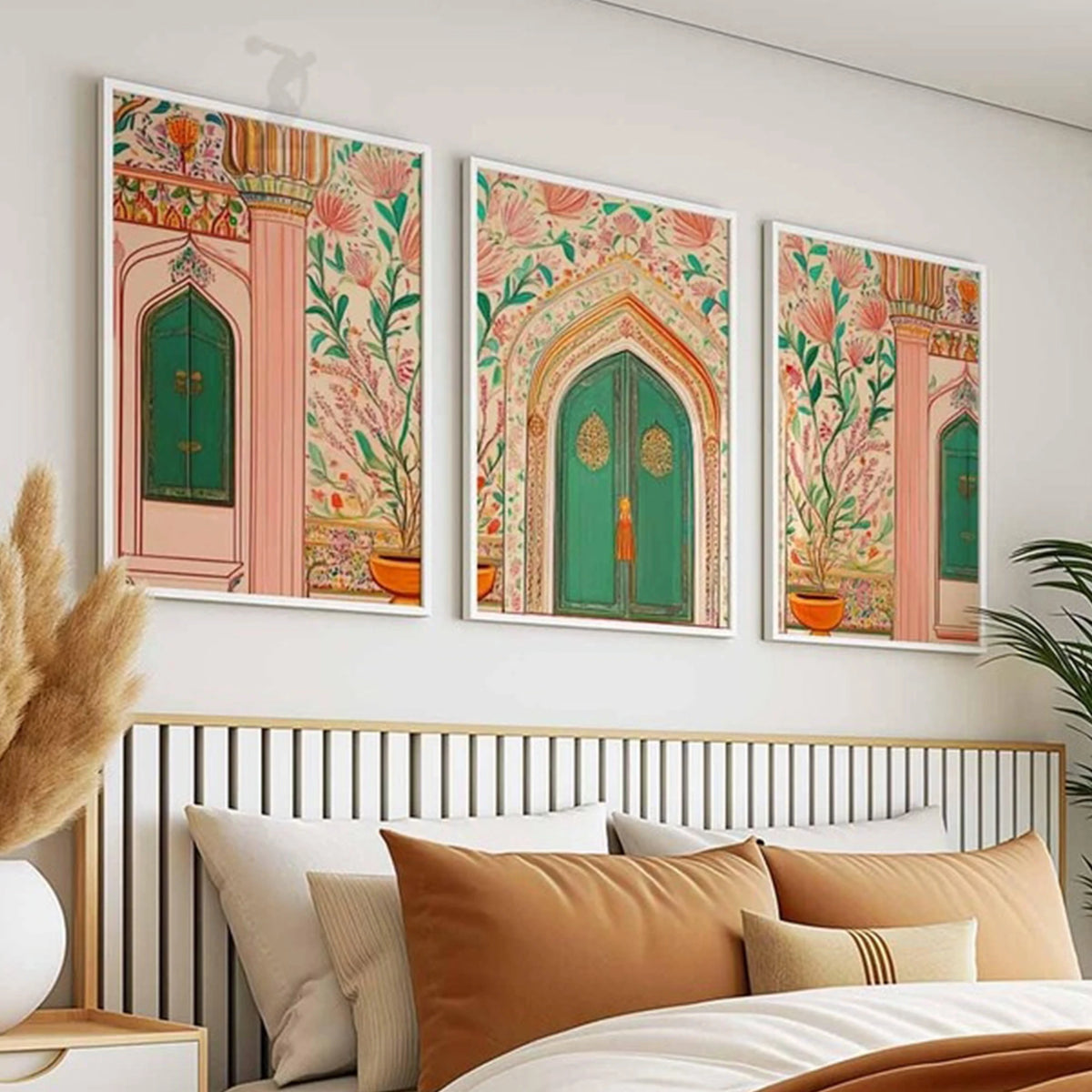 affiches murales décoratives florales arches bois vert rose beige chambre salon