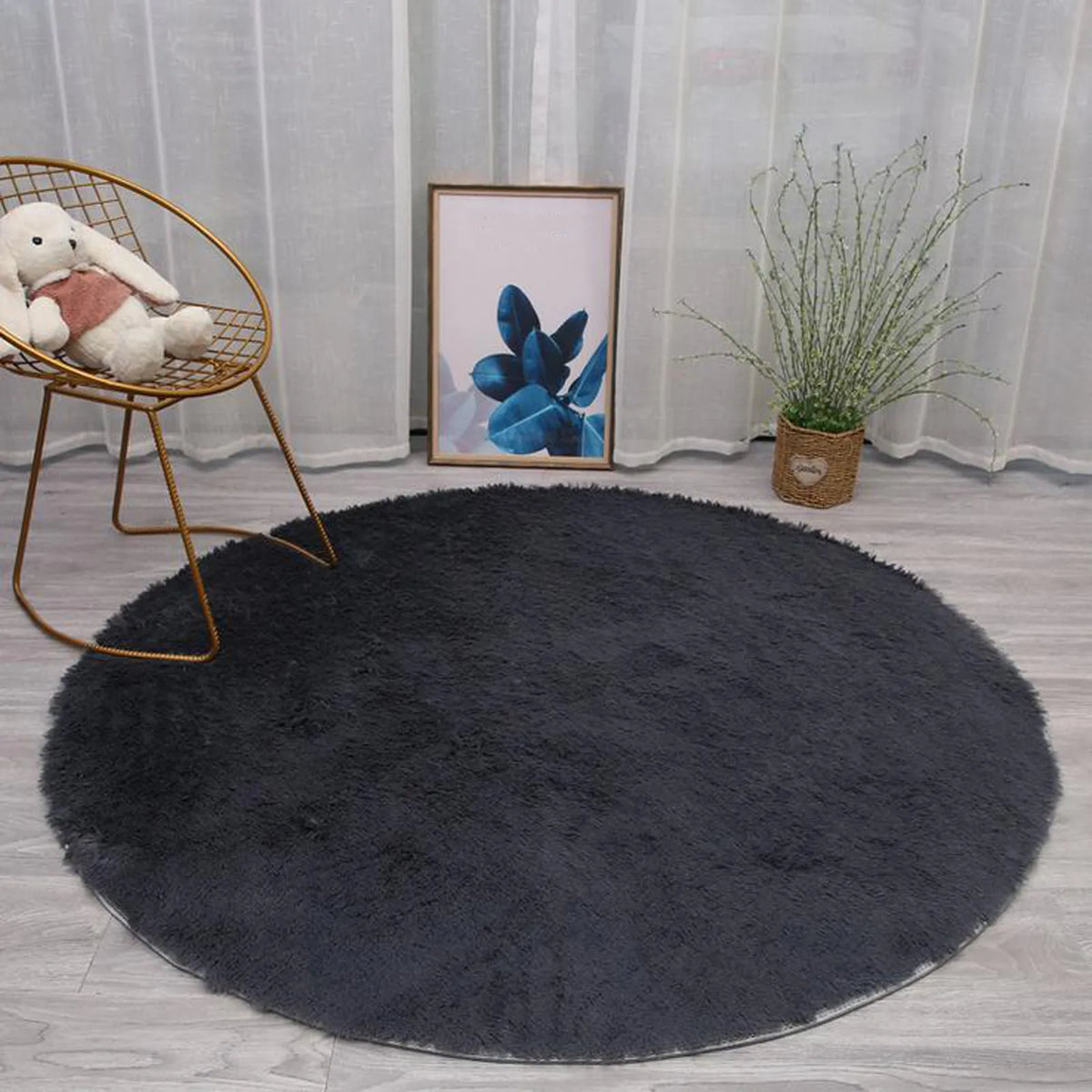 tapis rond uni fourré moderne polyester durable sans peluches noir bleu blanc rose